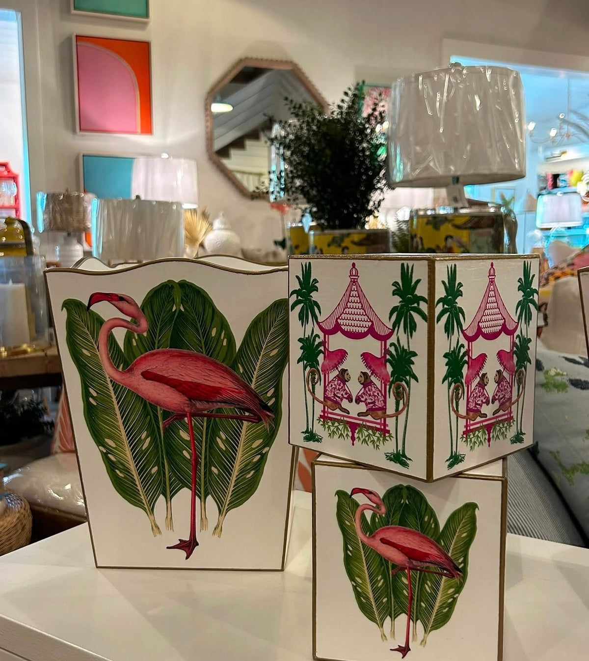 Flamingo on Palms Wastepaper Basket