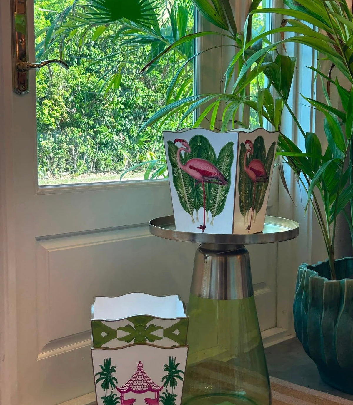 Flamingo on Palms Wastepaper Basket